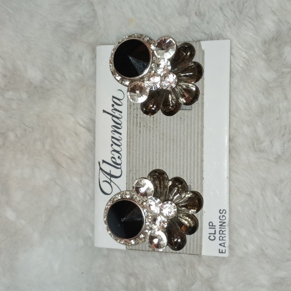 Alexandra Black Clear Crystal Silver Tone Clip Earrings